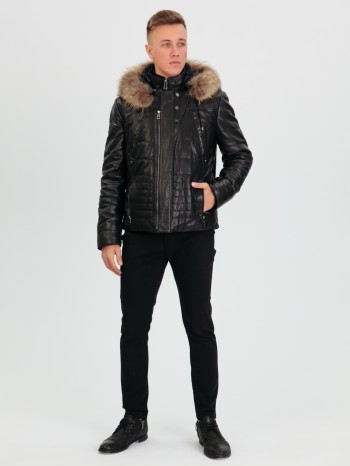 764 Жан, Куртка мужская из натуральной кожи, капюшон съемный, воротник стойка